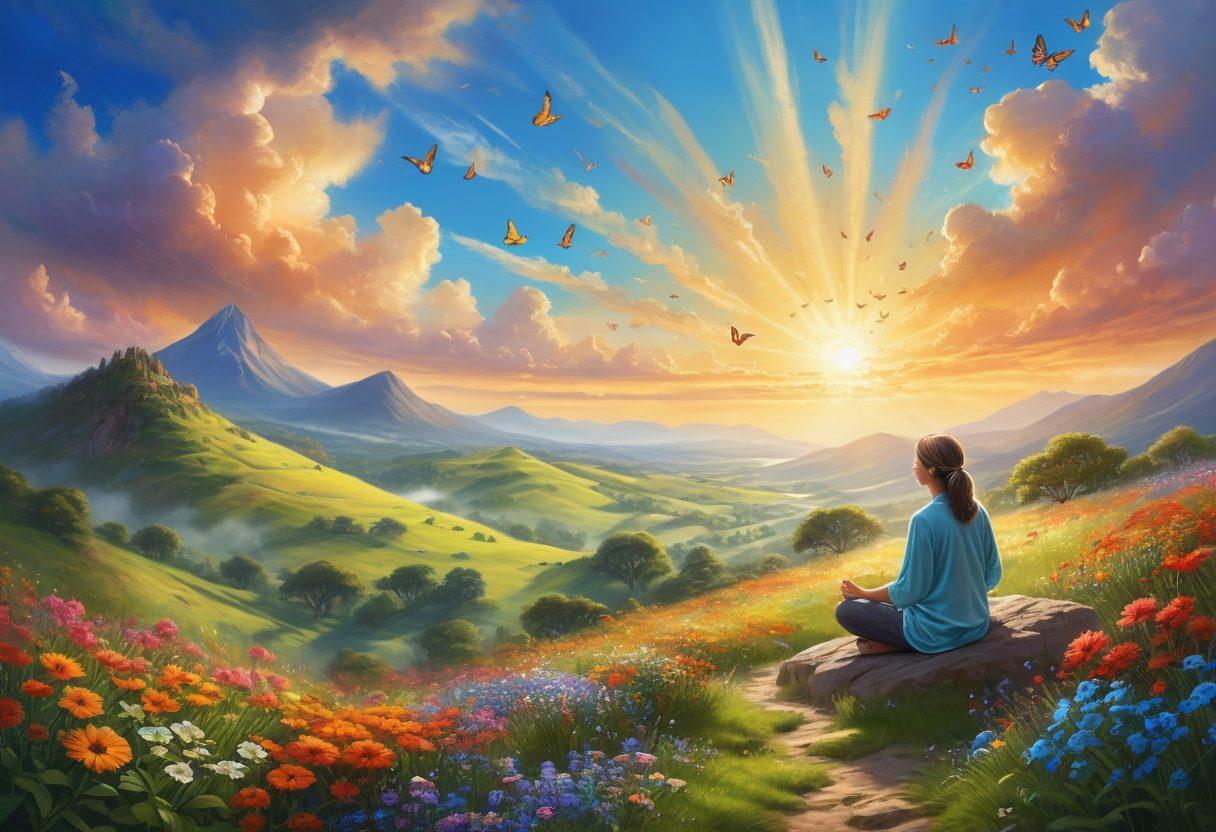 A serene landscape featuring a person meditating on a lush green hillside under a bright blue sky with gentle clouds. Surrounding them are colorful flowers and butterflies, symbolizing joy and tranquility. In the background, a radiant sun casts warm light, representing happiness. The scene evokes a sense of peace and mental wellness. super-realistic. vibrant colors.