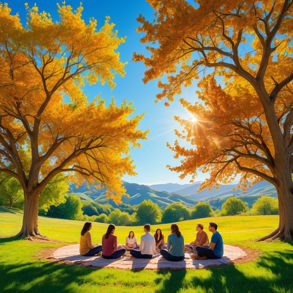 A serene landscape depicting a diverse group of people sitting in a circle, sharing stories and support under bright blooming trees, symbolizing community and growth. Soft sunlight filtering through the leaves, creating a warm and inviting atmosphere. In the background, gentle hills and a clear blue sky convey a sense of tranquility and bliss. Illustrates an essence of togetherness and inspiration. vibrant colors. painting.