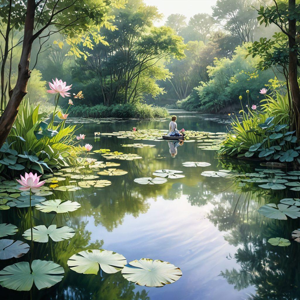 A serene landscape featuring a tranquil lotus pond surrounded by lush greenery, with a peaceful figure meditating at the center, reflecting calmness and balance. Gentle sunlight filtering through the trees, creating a warm glow that symbolizes enlightenment. Include subtle symbols of happiness like butterflies and blooming flowers to enhance the theme of mental wellness. watercolor painting. soft pastel colors. natural light.